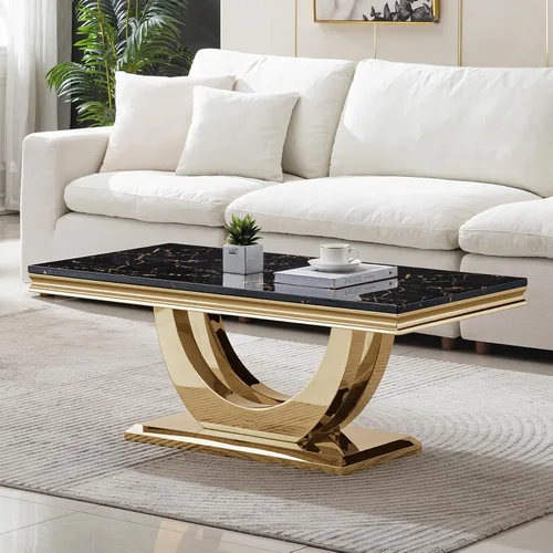 Miniatura 39 de SSLine Mesa de Centro Rectangular de Mármol Sintético para Sala de Estar, Mesa Central Moderna de Mármol Blanco de Lujo con Base Doble en Forma de U