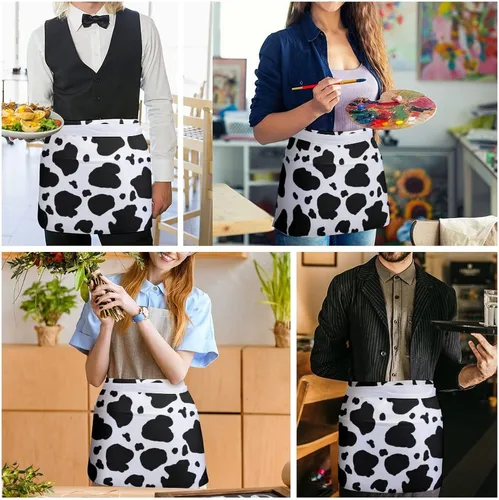 Miniatura 5 de Delantal de media cintura con estampado de vaca, con 3 bolsillos, ajustable, para cocinar, servir con correa larga, delantales para mujeres