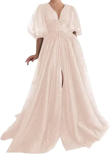 Vestidos de fiesta de tul estrellado brillante para mujer, vestidos de noche con mangas abombadas, vestido de fiesta formal con bolsillos