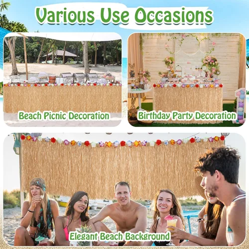 Miniatura 6 de Juexica Paquete de 8 faldas de mesa de hierba Luau de 9 x 30 pulgadas, falda de mesa hawaiana de flores de hibisco sintético, decoraciones de fiesta