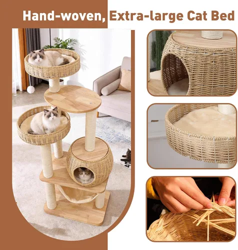 Miniatura 7 de Árbol de madera para gatos de 55 pulgadas para gatos de interior y adultos, torre alta para gatos con poste rascador y acogedora hamaca para gatos