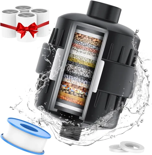 Filtro de ducha negro para agua dura, filtro de ducha de 24 etapas con 4 cartuchos de filtro reemplazables que protege tu piel y cabello del cloro y