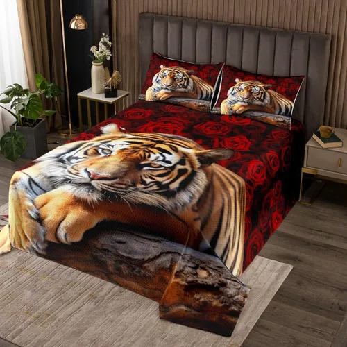 Erosebridal Juego de colcha de tigre tamaño Queen, diseño romántico floral de safari con flores rojas para adultos, hombres, mujeres, niños y niñas,