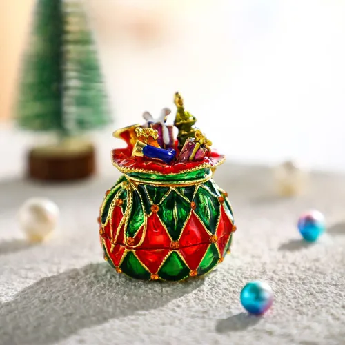 Miniatura 21 de YU FENG Cajas de adornos de Navidad con bisagras con diamantes de imitación con lazo y trompeta esmaltada decorativa