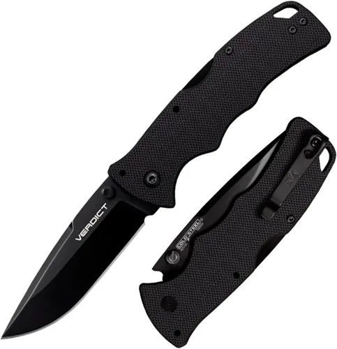 COLD STEEL Verdict 3" Cuchillo Plegable Táctico de Uso Diario AUS10A con Hoja Spear Point de 3 pulgadas y Mango Negro G-10 de 4.25 pulgadas con