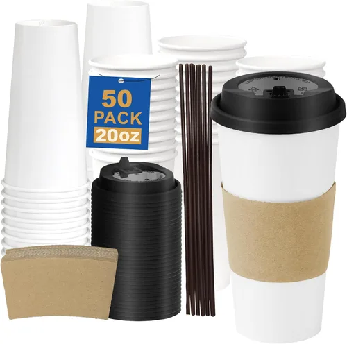 Miniatura 13 de Paquete de 100 tazas de café desechables de pared ondulada corrugada de 16 onzas con tapas y pajitas, tazas aisladas resistentes para bebidas