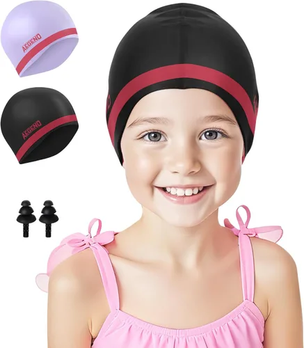 Miniatura 17 de Aegend Paquete de 2 gorros de natación para niñas y niños de 3 a 15 años, gorro de natación impermeable para niños, de silicona duradera
