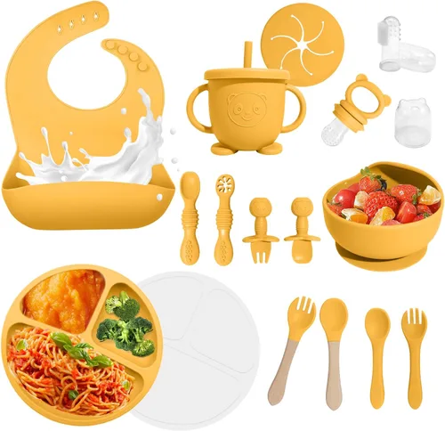 Miniatura 13 de Suministros de destete dirigido por el bebé, juego de alimentación de silicona de 17 piezas sin BPA, utensilios esenciales para comer para bebés