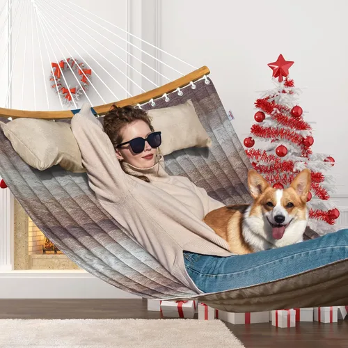 Miniatura 2 de Hamaca doble, hamaca de tela acolchada de 11 pies para 2 personas para exteriores con almohada, barra separadora curvada plegable, cadenas, bolsa