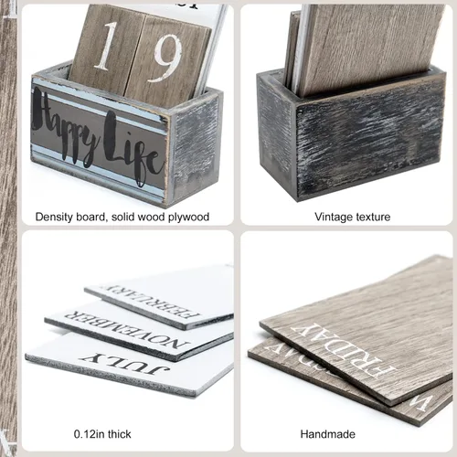 Miniatura 5 de Notakia Calendario perpetuo, bloques de calendario de madera, calendario vintage de bloques de madera para oficina en casa, accesorios de Vida feliz