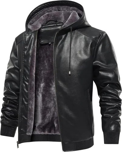 MANSDOUR Chaqueta de cuero sintético para hombre con forro de vellón negro cálido, chaqueta bomber de motocicleta con capucha