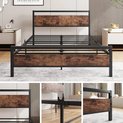 Miniatura 4 de HOJINLINERO Base de cama de tamaño matrimonial con cabecero, plataforma resistente, marco de cama de acero reforzado con plataforma de tubo Marrón
