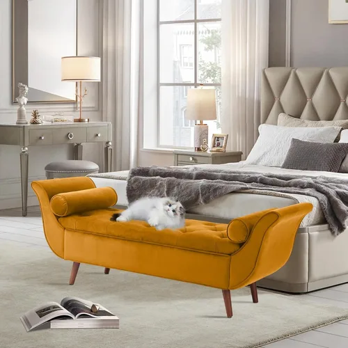 Miniatura 10 de Banco de almacenamiento de terciopelo para dormitorio, banco de extremo de cama con otomana, bancos tapizados con botones capitoné tamaño King