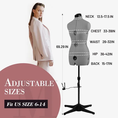 Miniatura 3 de Formas de vestido para costura, maniquí femenino gris ajustable talla 6-14, cuerpo de modelo que se puede sujetar con alfileres con 13 diales y guía