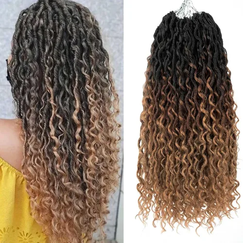 Cabello de Ganchillo Boho Goddess Locs de 18 Pulgadas, 7 Paquetes, Degradado de Tres Tonos, Nuevas Locs Sintéticas de Ganchillo con Puntas Rizadas,