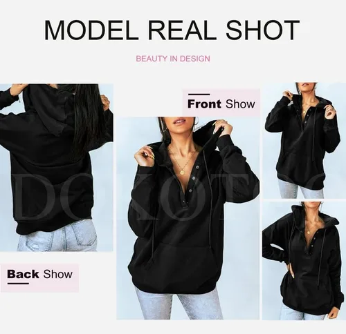 Miniatura 4 de Dokotoo - Sudaderas con capucha para mujer, con cuello de botón y cordón de ajuste, sudaderas casuales de manga larga
