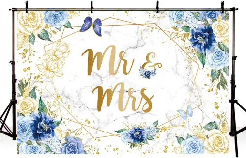 Miniatura 4 de AIBIIN Telón de fondo floral de mármol de 7 x 5 pies para despedida de soltera, flores azules, mariposa, fondo geométrico dorado para parejas