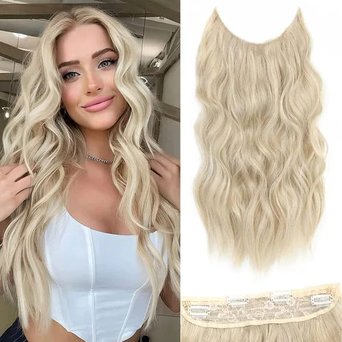 Miniatura 46 de Extensiones de cabello con halo de 12 pulgadas con alambre invisible, cabello largo ondulado ajustable, sintético, mejora con 4 clips de seguridad