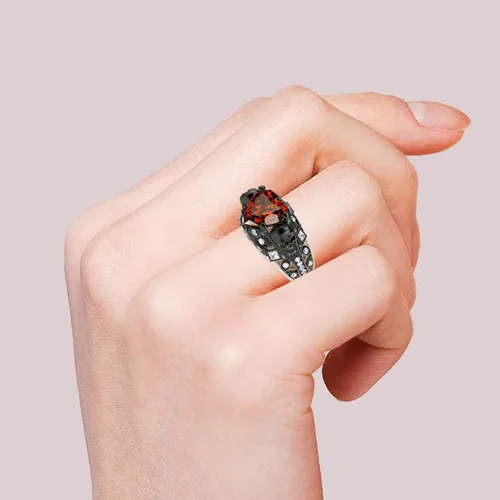 Miniatura 6 de Jeulia Juego de anillos de compromiso de calavera de 2.55 quilates, plata de ley con corte de corazón, diamantes rojos, anillos de rubí, circonita