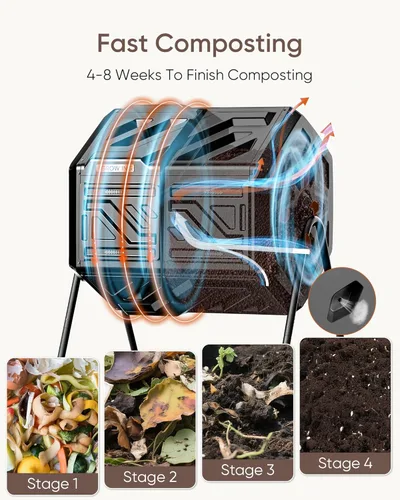 Miniatura 5 de THE GROW'ING Contenedor de compostaje actualizado de 43 galones para exteriores, compostador giratorio de montaje rápido, compostador de doble