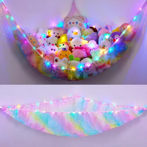 Miniatura 26 de Unicorn Castle Red de animales de peluche o hamaca organizador de almacenamiento de juguetes para niños con luz LED colgante en esquina soporte