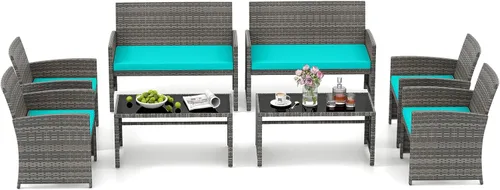 Miniatura 11 de HAPPYGRILL Juego de 4 muebles de mimbre para exteriores con mesa de centro de vidrio templado, cojines suaves, juego de sillas de ratán resistentes