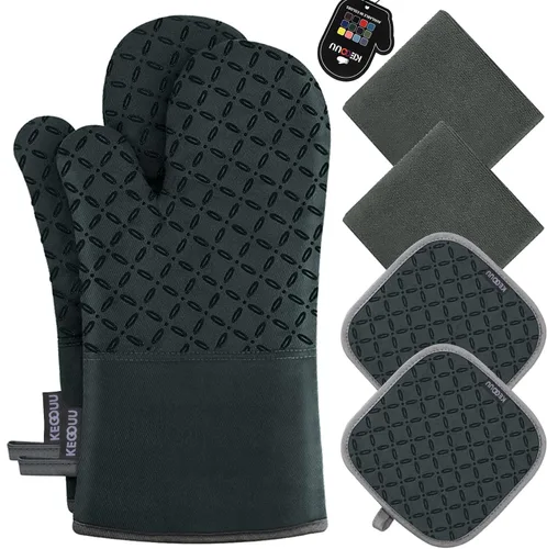 KEGOUU Juego de 6 manoplas para horno y soportes para ollas, guantes para horno de cocina, resistentes al calor, 500 grados, extra largos, Verde