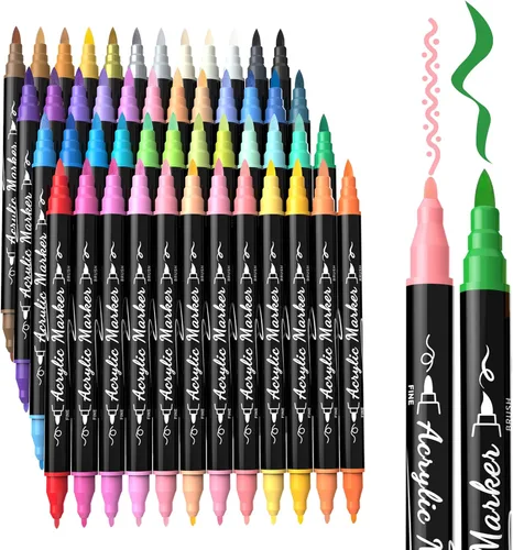 TOSHARE Marcadores de pintura acrílica de 48 colores, pincel y bolígrafos de pintura acrílica de doble punta fina para rocas, madera, papel, tela,