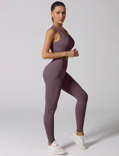 Miniatura 61 de Conjuntos de entrenamiento para mujer, 2 piezas, sin costuras, acanalada, sin mangas, brasier deportivo, cintura alta, pantalones cortos