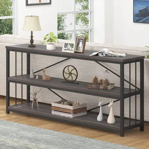 Miniatura 20 de LVB Mesa consola industrial, mesa de sofá de metal y madera, mesa de entrada rústica con almacenamiento, moderno estante de 3 niveles mesa larga
