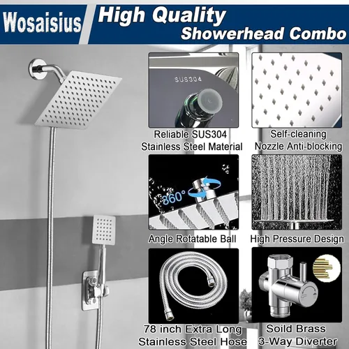 Miniatura 4 de Cabezal de Ducha de Lluvia de Alta Presión de 6'' con Combo Manual, Wosaisius Cabezal de Ducha de Cascada Totalmente de Metal, Cabezal de Ducha