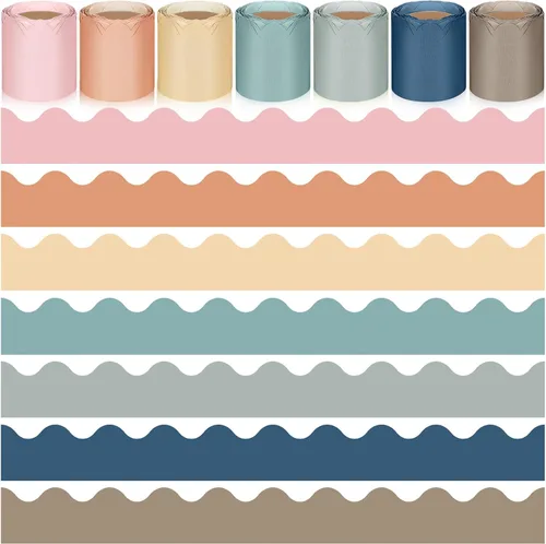 Jexine 7 rollos de 206 pies, bordes festoneados coloridos para tablón de anuncios, decoración bohemia para el regreso a clases, decoración bohemia