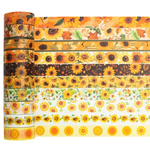 Miniatura 5 de Juego de 10 rollos de cinta washi de girasol, estampado floral, cintas decorativas para manualidades, diarios, planificadores, álbumes de recortes
