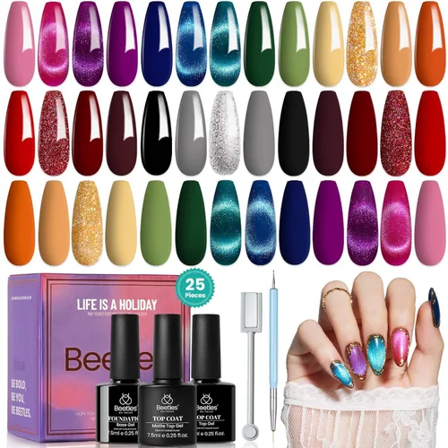 Beetles - Juego de esmaltes de uñas de gel de ojo de gato, 20 colores, juego de esmaltes de gel para fiestas, rosa, azul, rojo, morado, purpurina