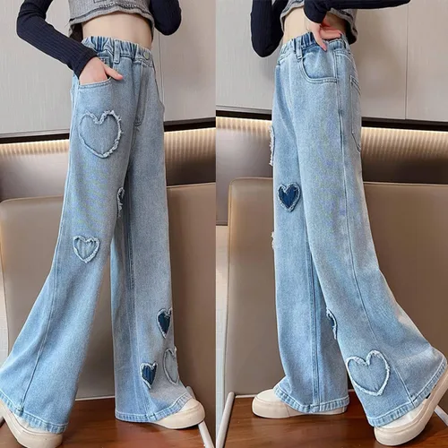 Miniatura 6 de Pantalones de mezclilla holgados para niñas y niñas, pantalones de mezclilla casuales de pierna ancha y cintura alta, talla 5-14 años