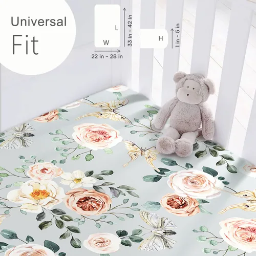 Miniatura 4 de GRSSDER Juego de 2 sábanas ajustables de punto de jersey elástico ultra suave, sábanas portátiles/minicuna para niñas, flores y frutas en acuarela