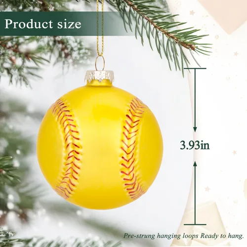 Miniatura 3 de Adorno soplado de vidrio de sóftbol de Navidad de 3.15 pulgadas, mini bola deportiva pintada a mano 2025 para niños y niñas, árbol de Navidad