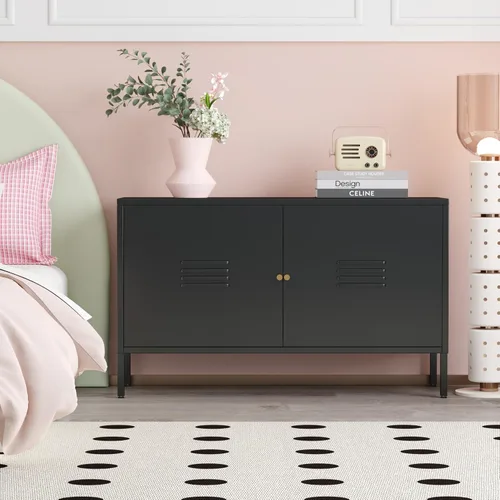 Miniatura 5 de Gabinete de almacenamiento de metal, soporte de TV de 2 puertas, armario decorativo con puertas y estante ajustable, armario de metal, mesita