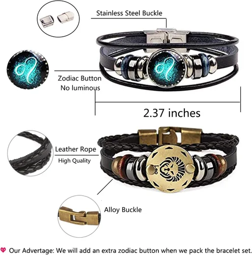 Miniatura 4 de Pulsera de cuero trenzado a mano con 12 cuentas de constelación para hombre, estilo retro, 2