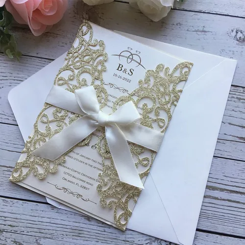 Miniatura 7 de Kit de invitaciones de boda de 5.12 x 7.28 pulgadas, 20 unidades de champán en blanco, con purpurina, cortadas con láser, tarjetas de invitación