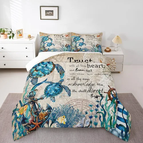 Miniatura 51 de Juego de edredón Lake House tamaño Twin, juego de ropa de cama náutica de navegación con ancla de 2 piezas para decoración de habitación de niños