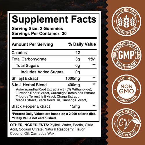 Miniatura 7 de Shilajit - Gomitas de 1000 mg – Shilajit puro orgánico del Himalaya para hombres y mujeres, más de 85 minerales traza resina Shilajit