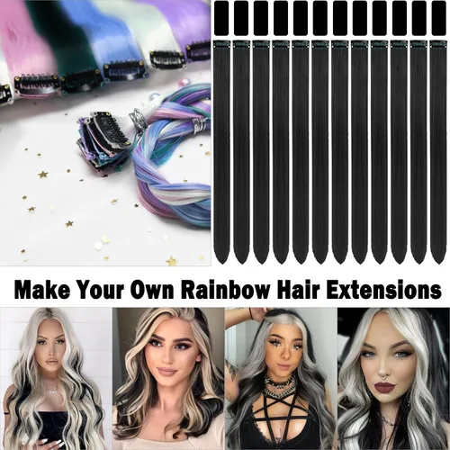 Miniatura 2 de 12 extensiones de cabello negro con clip, extensiones de cabello de color de 22 pulgadas, extensiones de cabello sintético largo y lacio para mujer