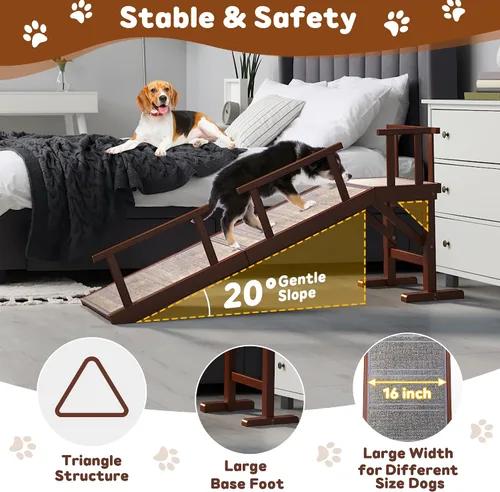 Miniatura 7 de Onelike Rampa de madera para perros con riel lateral extraíble y alfombra antideslizante, escalera estable para mascotas para sofá para perros
