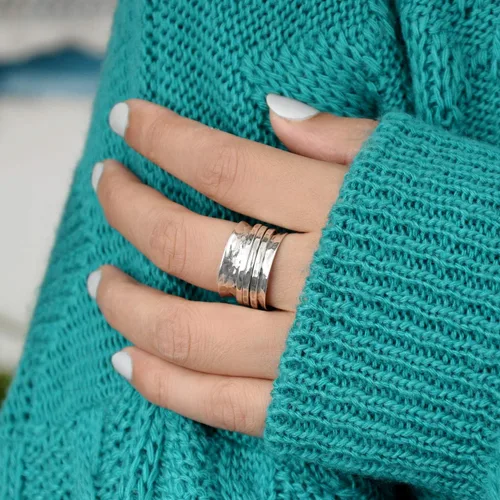 Miniatura 3 de Boho-Magic Anillo giratorio de plata de ley 925 para mujer, 3 anillos antiansiedad, banda ancha martillada