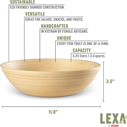 Miniatura 5 de LEXA Ensaladera de bambú hecha a mano de 12 pulgadas – Frutero de madera grande de 130 onzas para encimera de cocina, bambú natural