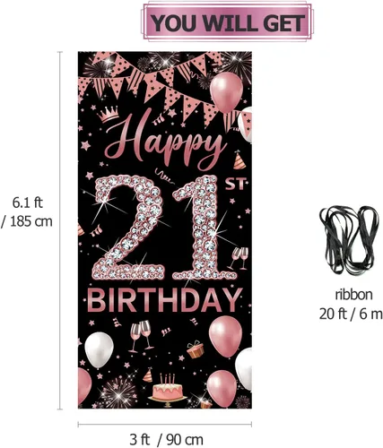 Miniatura 2 de Decoración de cumpleaños número 21 para puerta, decoración de feliz cumpleaños número 21 de oro rosa para ella, decoración de cartel de cubierta
