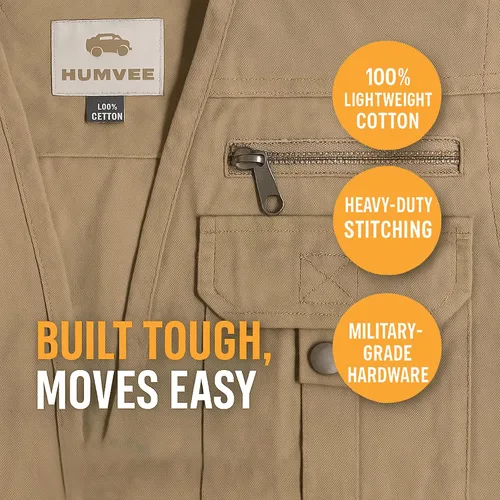 Miniatura 17 de Humvee - Chaleco utilitario con 21 bolsillos, para viajes, safari, caza, camping, 100% algodón, chaqueta táctica para hombres y mujeres