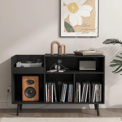 Miniatura 2 de Soporte para tocadiscos, armario de almacenamiento de discos de vinilo con toma de corriente, capacidad para hasta 350 álbumes, mesa de soporte