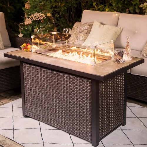 Miniatura 13 de Nuu Garden Mesa para fogata de propano para patio de 43 pulgadas, fogata de gas de 50,000 BTU con parte superior de vidrio texturizado de mármol